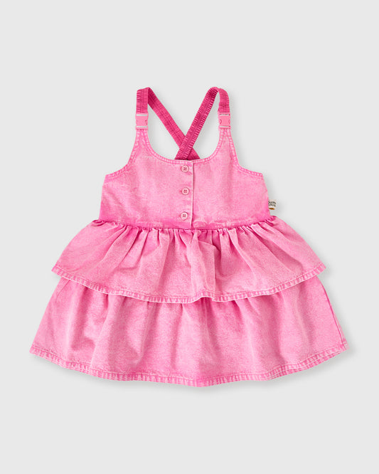 Goldie + Ace Saskia Denim Frill Pinafore Dress Pink Lemonade