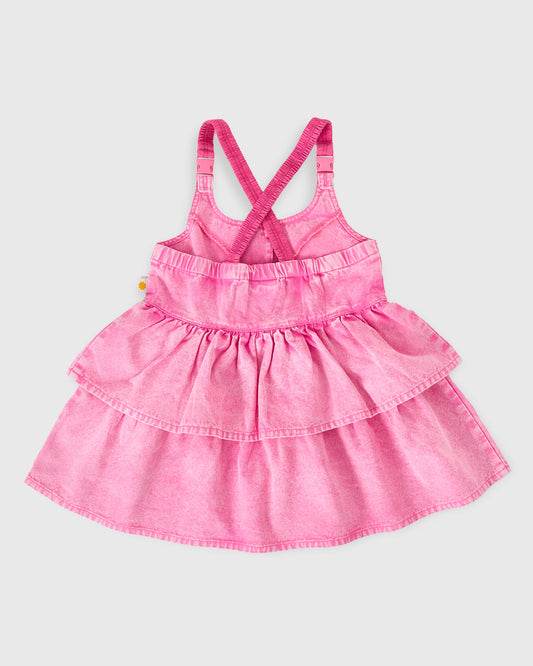 Goldie + Ace Saskia Denim Frill Pinafore Dress Pink Lemonade
