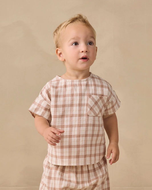 Quincy Mae Woven Boxy Top Rustic Plaid Almond