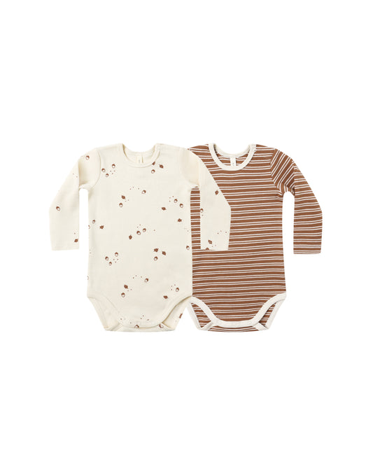 Quincy Mae Ribbed Bodysuit 2 Pack Cedar Micro Stripe / Acorns