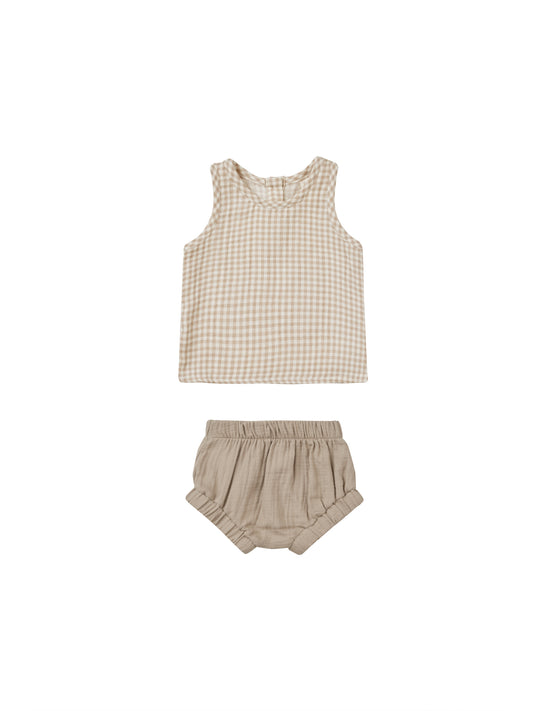 Quincy Mae Woven Tank + Shorts Set Oat Gingham