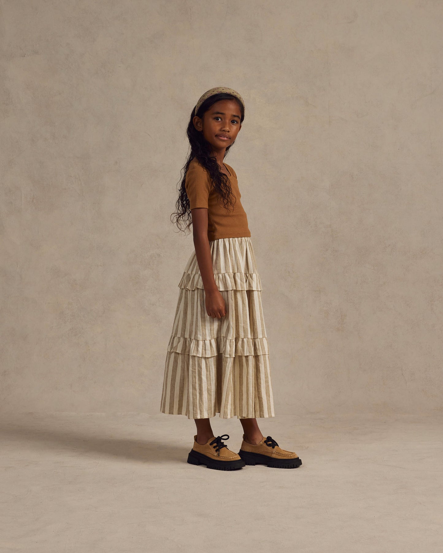 Rylee + Cru Ruffle Midi Skirt Autumn Stripe