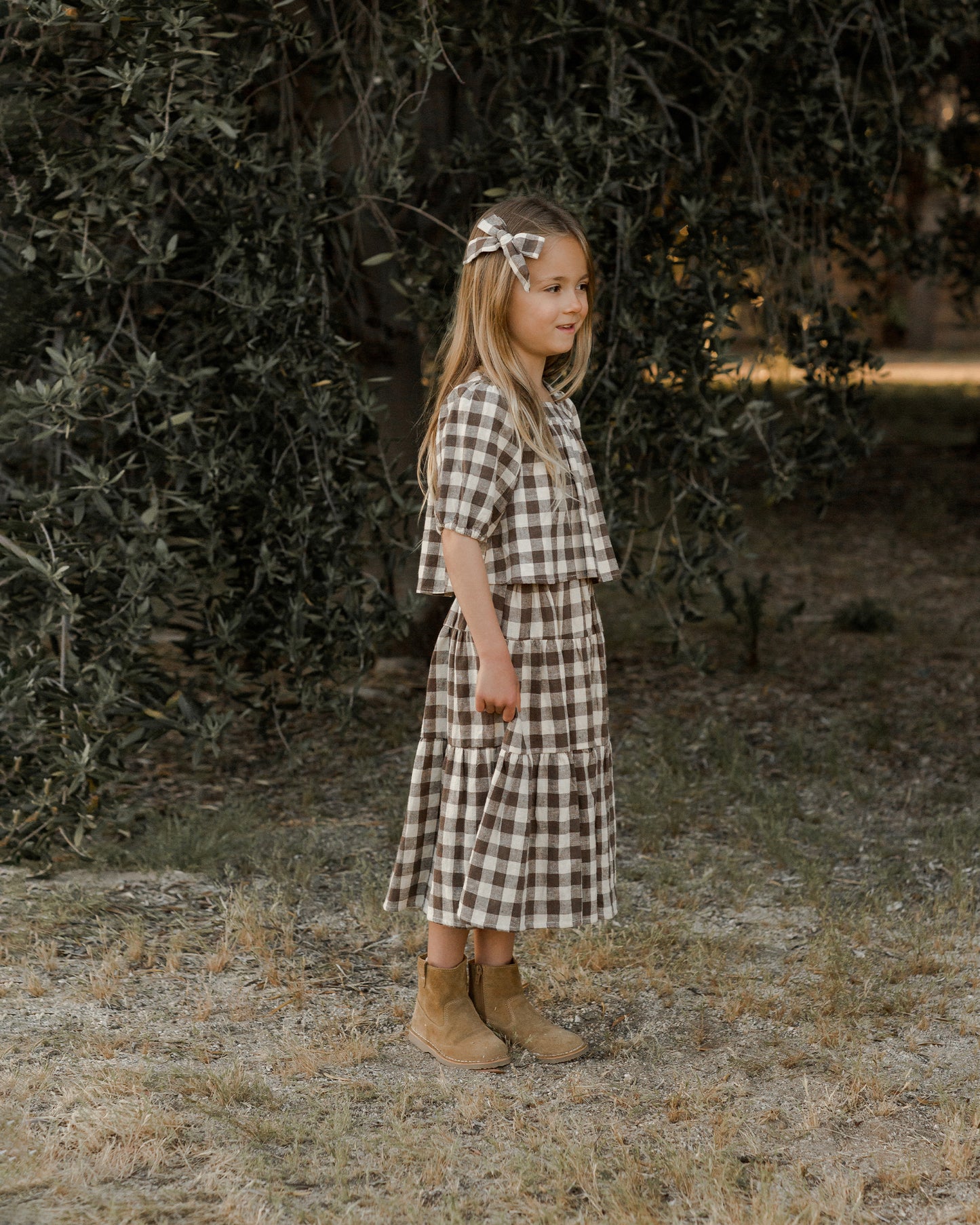 Rylee + Cru Tiered Midi Skirt Natural Charcoal Check