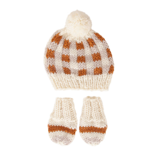 Acorn Checks Beanie and Mittens Set Caramel