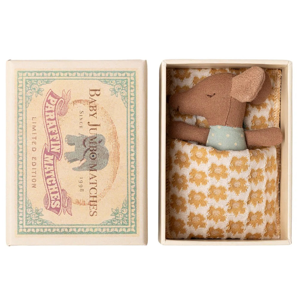 Maileg Sleepy Wakey Baby Mouse in Matchbox Blue 2025
