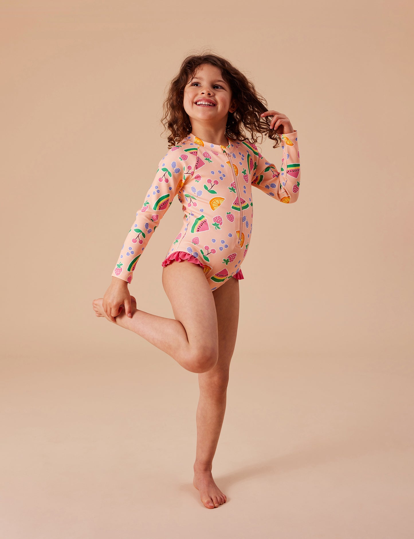 Goldie + Ace Fruit Salad Long Sleeve Swimsuit Peach Multi