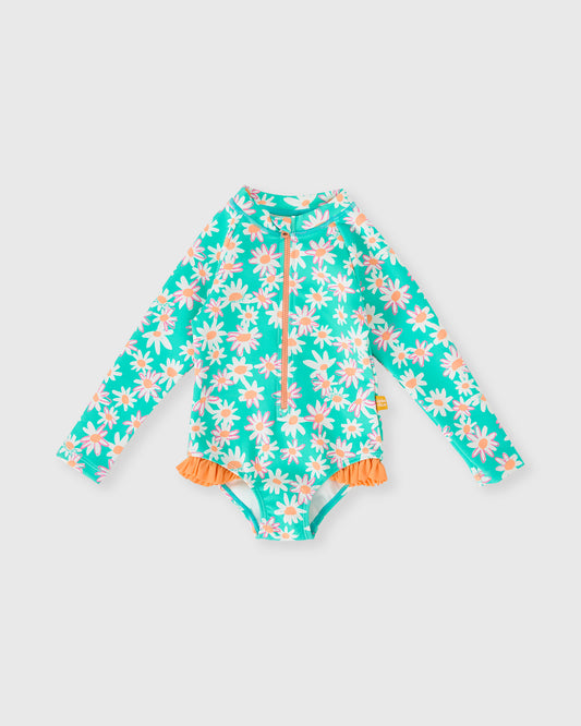 Goldie + Ace Daisy Patch Long Sleeve Frill Swimsuit