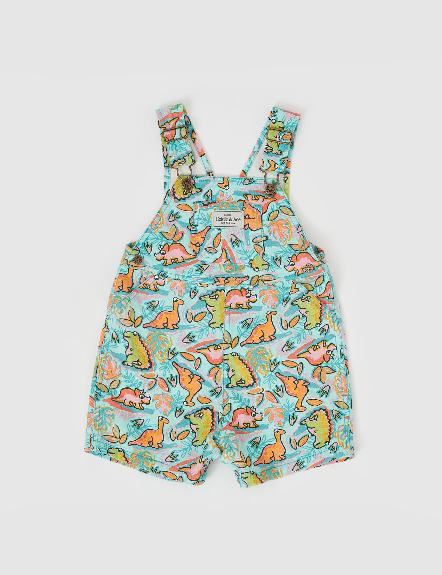 Goldie + Ace Burton Dino Jungle Denim Overalls Sea Foam