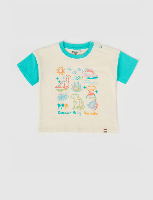 Goldie + Ace Dinosaur Valley Puff Print T-Shirt Vanilla Turquoise