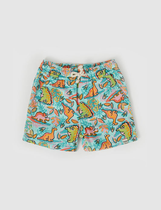 Goldie + Ace Noah Dino Jungle Denim Shorts Seafoam