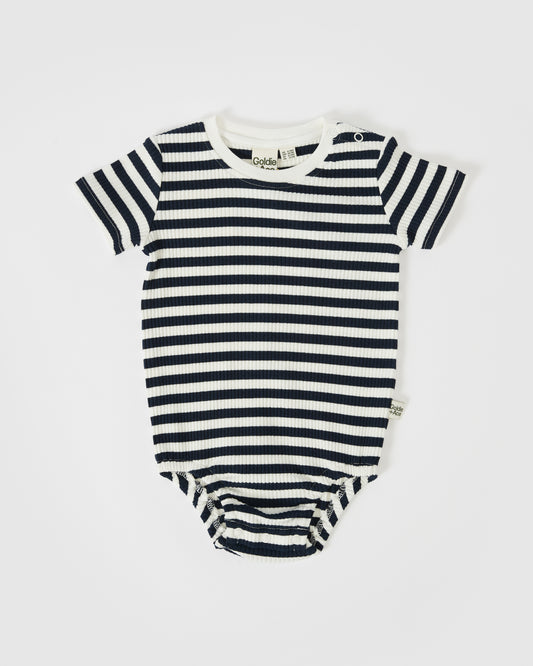 Goldie + Ace Max Short Sleeve Ribbed Stripe Romper Navy Ivory