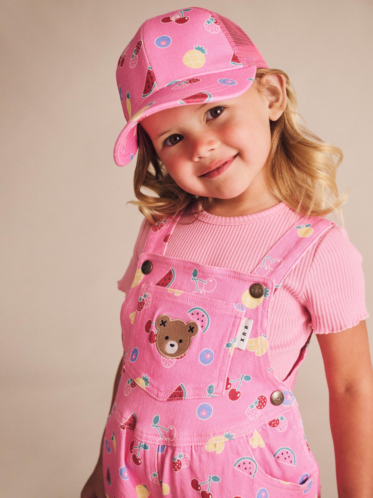Huxbaby Pink Fruit Emoji Short Overalls Begonia Pink