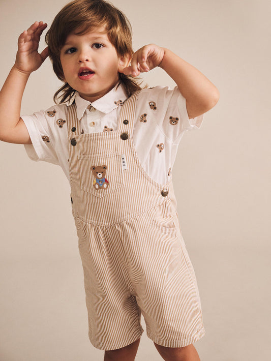 Huxbaby Sandbox Stripe Short Overalls Sand / Almond Milk
