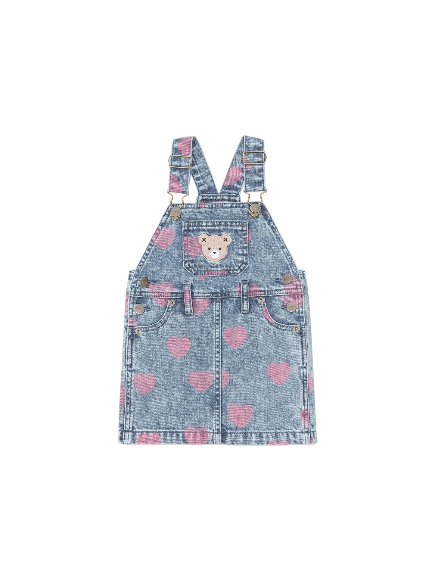 Huxbaby Dreamy Denim Hearts Pinafore Denim / Cherry