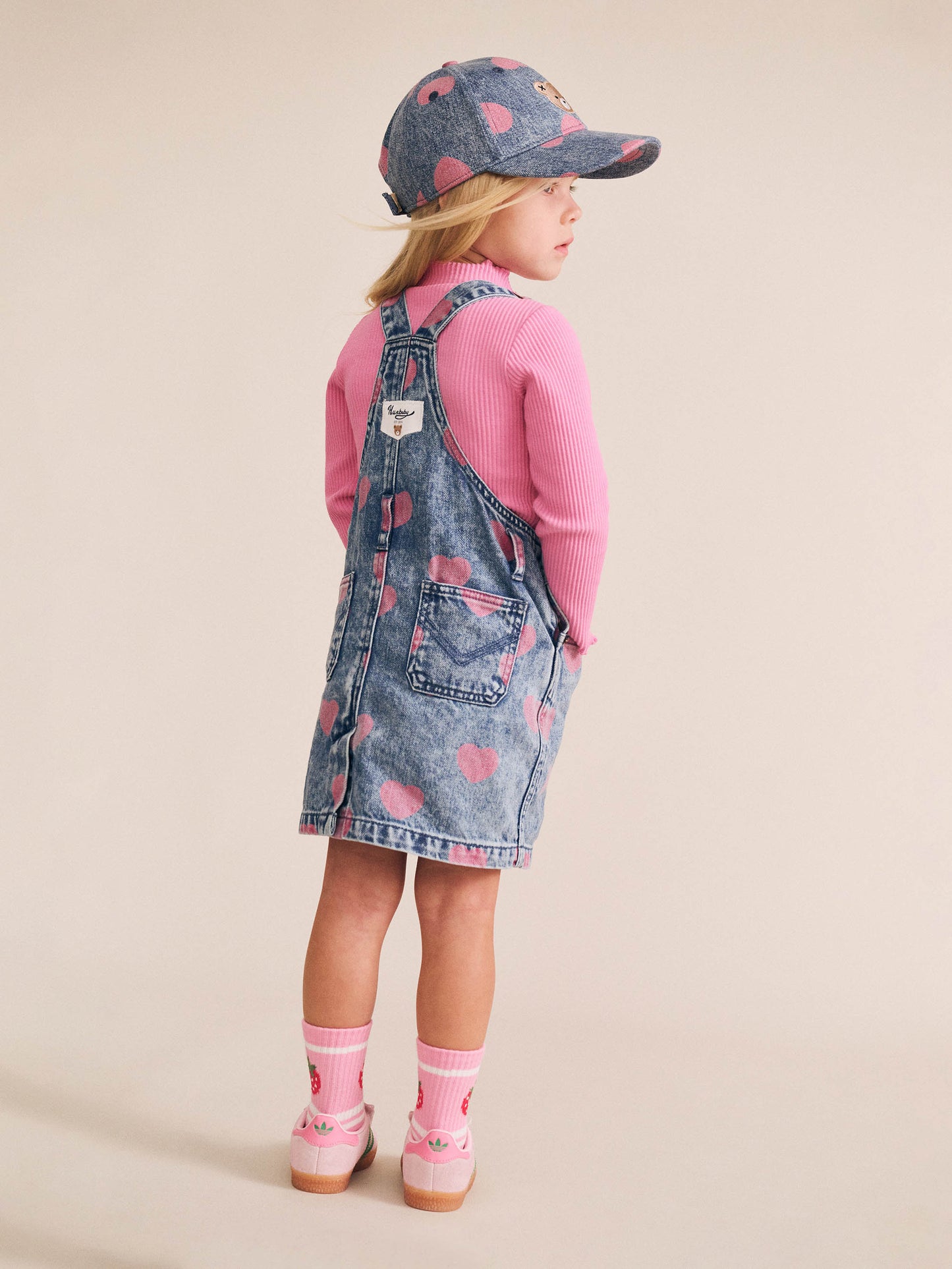 Huxbaby Dreamy Denim Hearts Pinafore Denim / Cherry