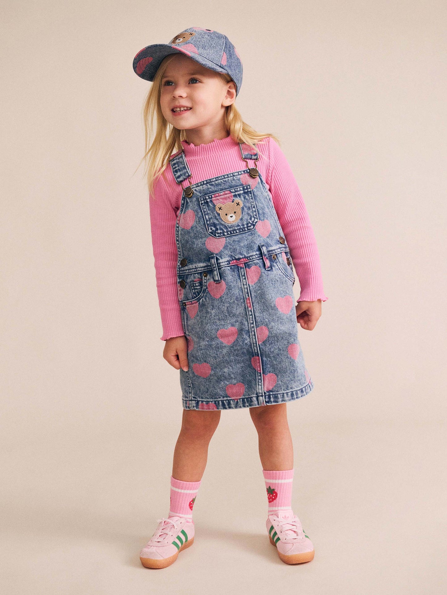 Huxbaby Dreamy Denim Hearts Pinafore Denim / Cherry