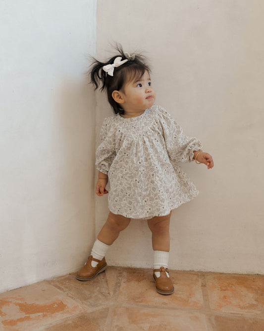 Quincy Mae V Smocked Dress Winter Floral Ivory