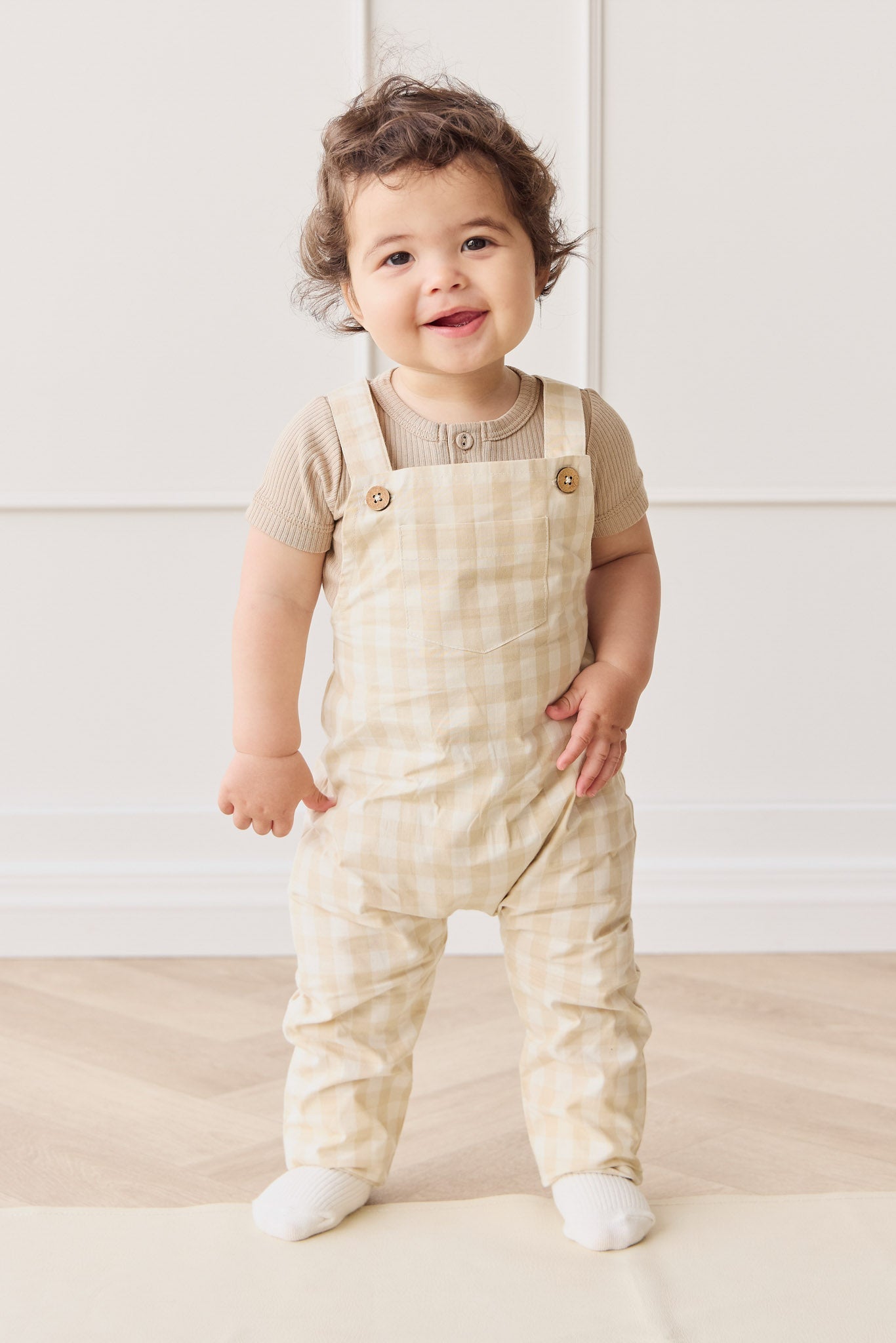 Jamie Kay Organic Cotton Kingston Overall Gingham Pale Khaki