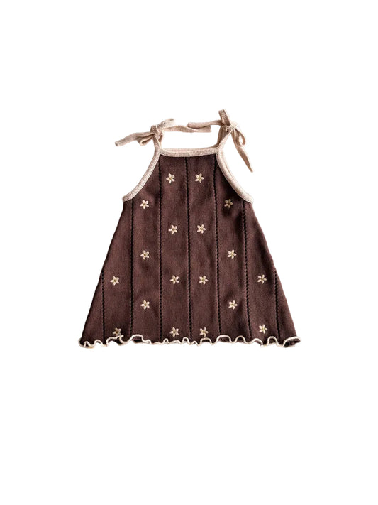 Freckles The Label Pointelle Tie Dress Brown Embroidery Daisy