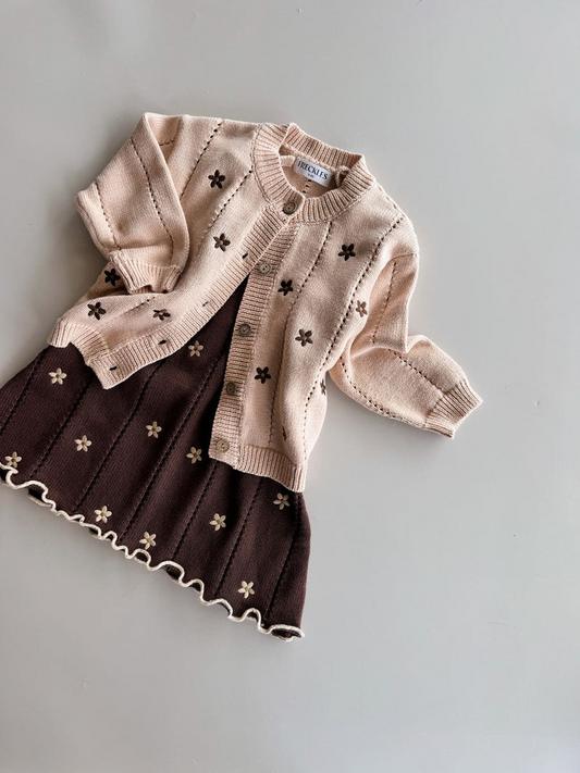 Freckles The Label Pointelle Tie Dress Brown Embroidery Daisy