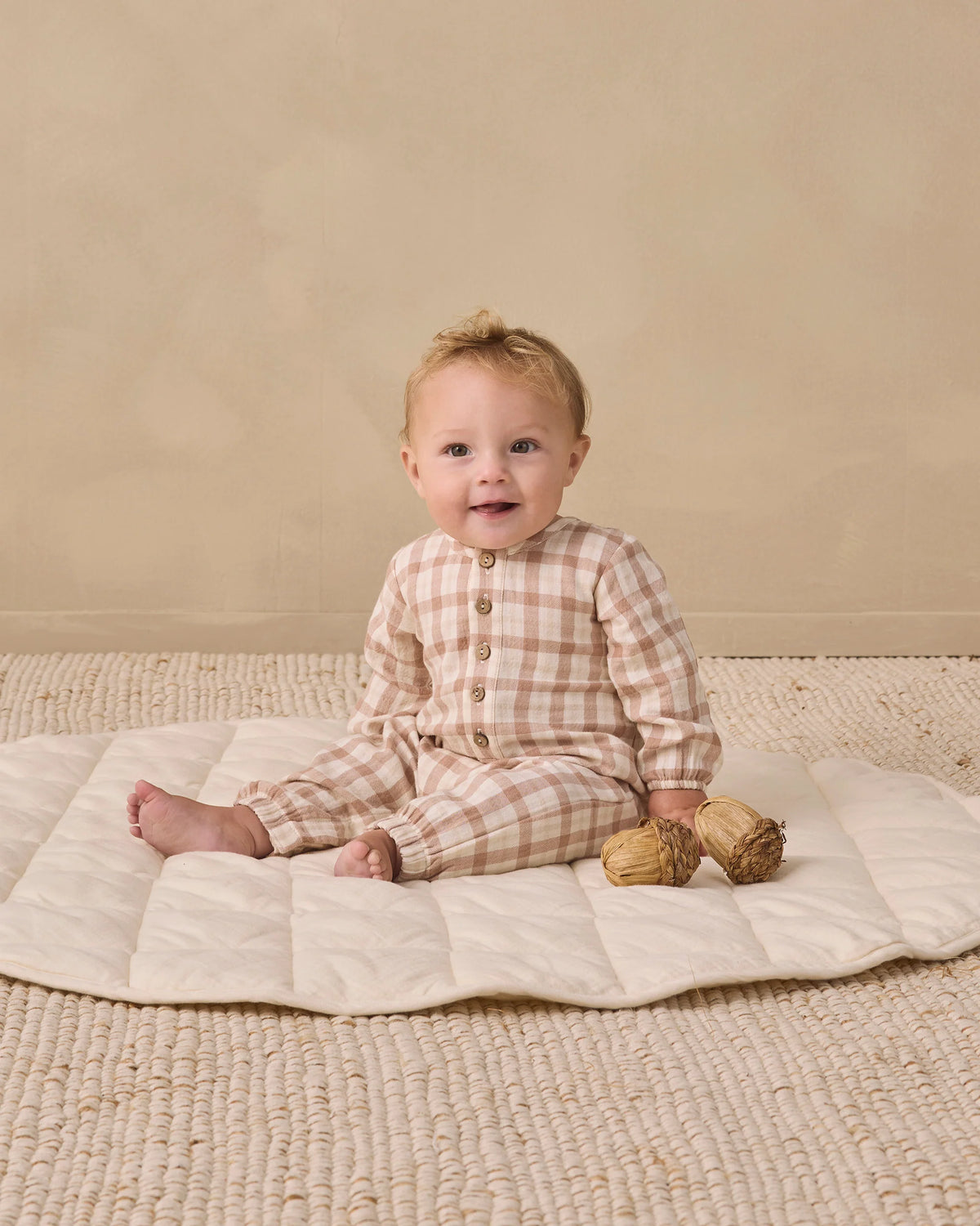 Quincy Mae Woven Jumpsuit Rustic Plaid Almond