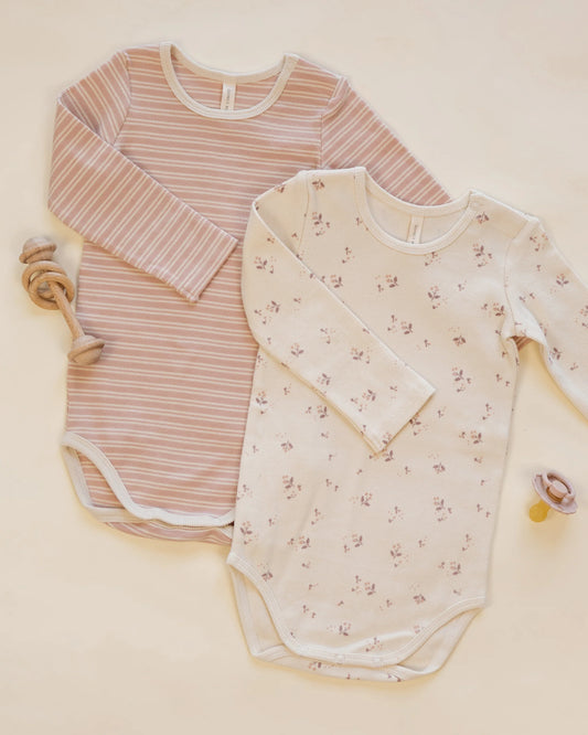 Quincy Mae Ribbed Bodysuit 2 Pack Dusty Rose Microstripe / Fall Ditsy