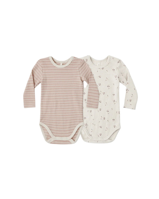 Quincy Mae Ribbed Bodysuit 2 Pack Dusty Rose Microstripe / Fall Ditsy