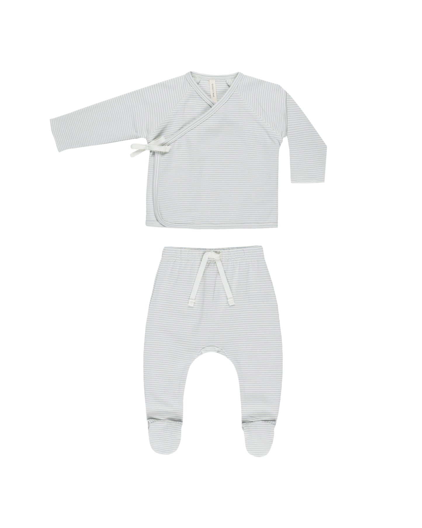 Quincy Mae Wrap Top + Footed Pant Set Sky Micro Stripe