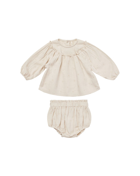 Quincy Mae Balloon Sleeve Blouse + Bloomer Set Daisy Embroidery Natural