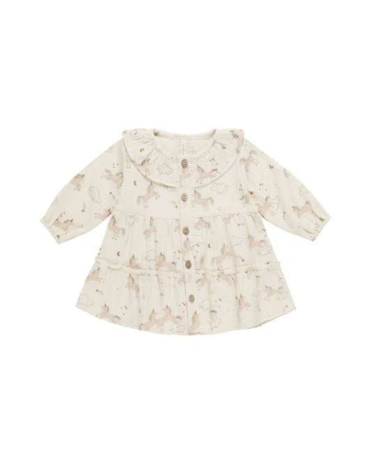 Quincy Mae Ruffle Collar Button Dress Unicorns Natural