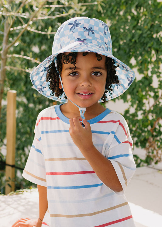 Acorn Blue Checked Palms Wide Brim Bucket Hat