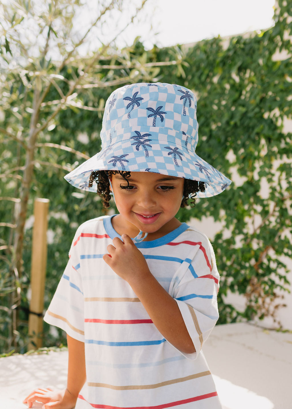 Acorn Blue Checked Palms Wide Brim Bucket Hat