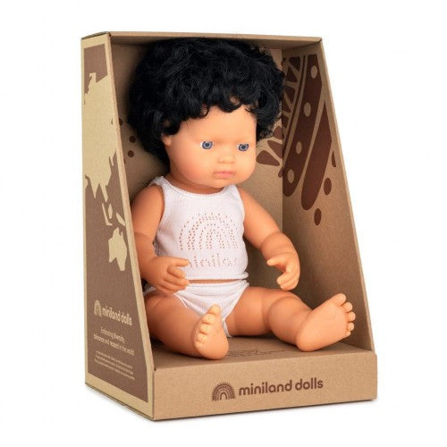 Miniland 38cm Baby Doll Black Curly Haired Caucasian Boy