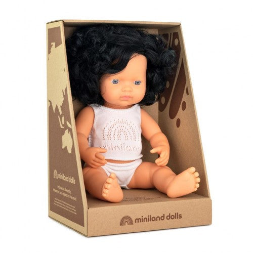 Miniland 38cm Baby Doll Black Curly Haired Caucasian Girl