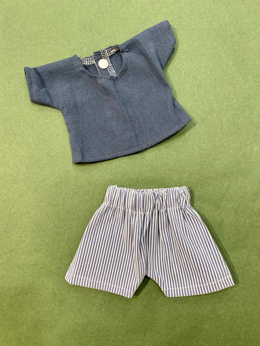 Threadz.Co Dolls Clothing Boys Blue Denim Stripe Shorts and Navy Top 21cm